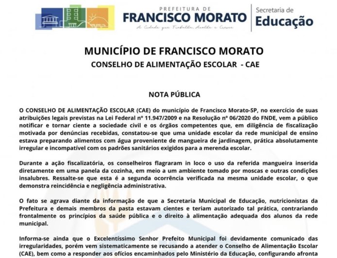 Conselho de Alimentação Escolar de Francisco Morato denuncia uso de água imprópria e alimentos vencidos em escola municipal