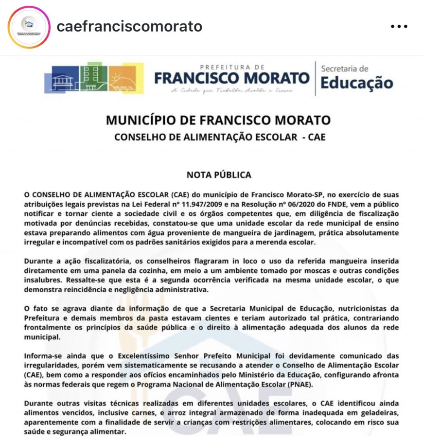 Conselho de Alimentação Escolar de Francisco Morato denuncia uso de água imprópria e alimentos vencidos em escola municipal
