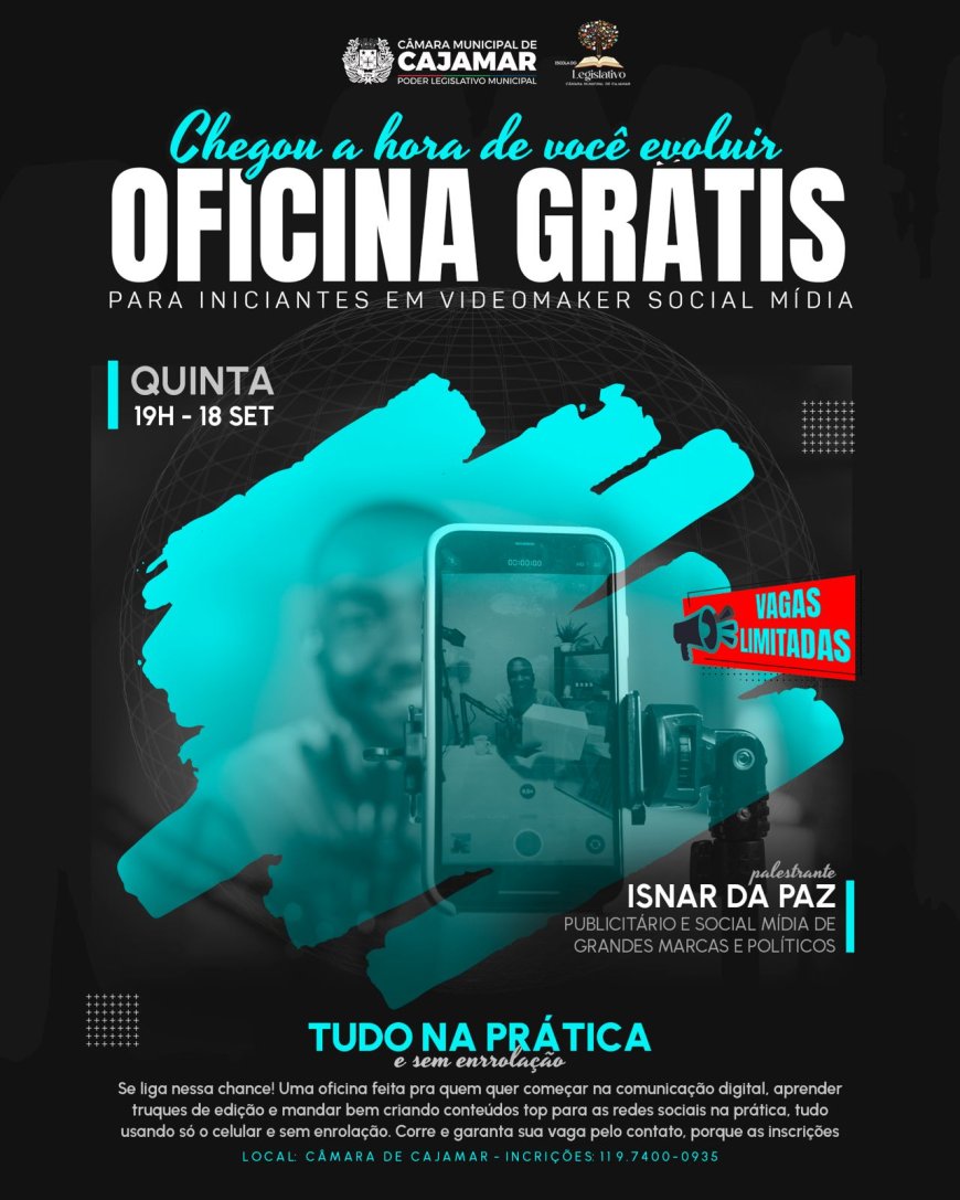 Câmara de Cajamar promove oficina gratuita de videomaker para jovens e adultos